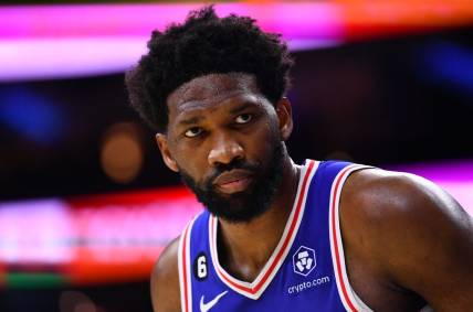 Oct 24, 2022; Philadelphia, Pennsylvania, USA; Philadelphia 76ers center Joel Embiid (21) looks on against the Indiana Pacers in the second quarter at Wells Fargo Center. Mandatory Credit: Kyle Ross-USA TODAY Sports