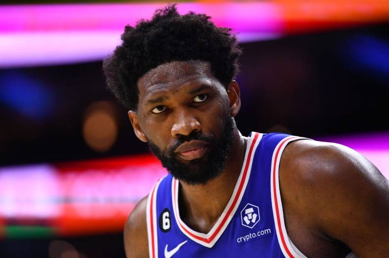 Oct 24, 2022; Philadelphia, Pennsylvania, USA; Philadelphia 76ers center Joel Embiid (21) looks on against the Indiana Pacers in the second quarter at Wells Fargo Center. Mandatory Credit: Kyle Ross-USA TODAY Sports