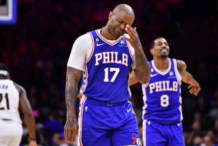 Oct 24, 2022; Philadelphia, Pennsylvania, USA; Philadelphia 76ers forward P.J. Tucker (17) reacts against the Indiana Pacers in the second quarter at Wells Fargo Center. Mandatory Credit: Kyle Ross-USA TODAY Sports