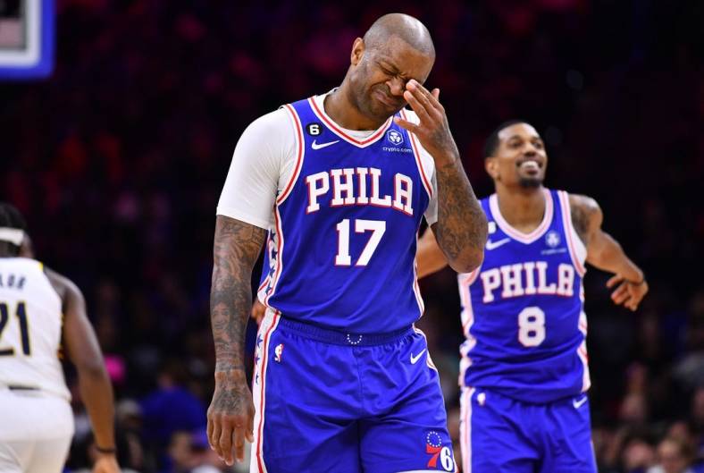 Oct 24, 2022; Philadelphia, Pennsylvania, USA; Philadelphia 76ers forward P.J. Tucker (17) reacts against the Indiana Pacers in the second quarter at Wells Fargo Center. Mandatory Credit: Kyle Ross-USA TODAY Sports