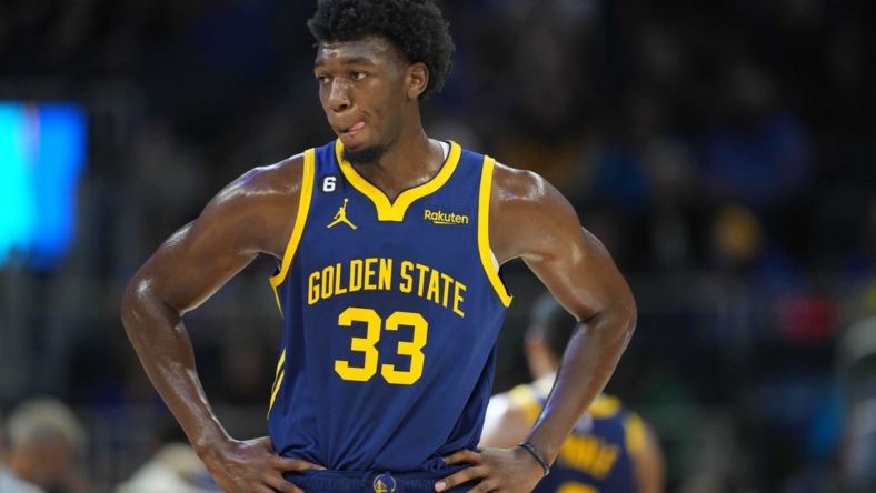 Oct 23, 2022; San Francisco, California, USA; Golden State Warriors center James Wiseman (33) during the second quarter against the Sacramento Kings at Chase Center. Mandatory Credit: Darren Yamashita-USA TODAY Sports