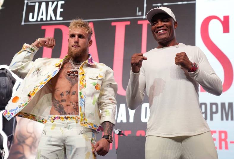 Jake Paul and Anderson Silva pose for photos during a news conference at Desert Diamond Arena on Thursday, Oct. 27, 2022 to preview their Saturday night fight.

Jake Paul 4