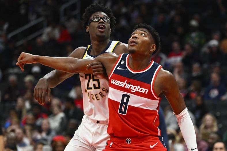 Oct 28, 2022; Washington, District of Columbia, USA; Washington Wizards forward Rui Hachimura (8) boxes out Indiana Pacers forward Jalen Smith (25) during the first half at Capital One Arena. Mandatory Credit: Brad Mills-USA TODAY Sports