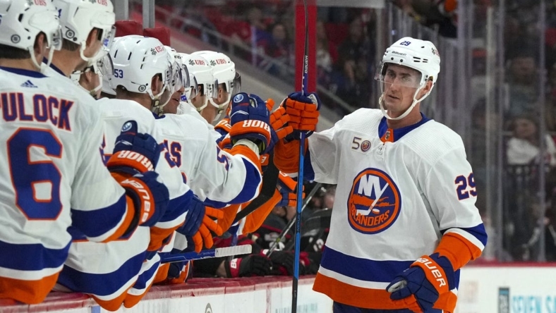 Oct 28, 2022; Raleigh, North Carolina, USA;  New York Islanders center Brock Nelson (29) celebrates his goal against the Carolina Hurricanes during the third period at PNC Arena. Mandatory Credit: James Guillory-USA TODAY Sports