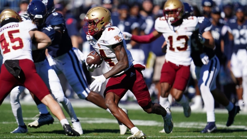 Oct 29, 2022; East Hartford, Connecticut, USA; Boston College Eagles special teams Zay Flowers (4) returns the ball against the Connecticut Huskies in the second quarter at Rentschler Field at Pratt & Whitney Stadium. Mandatory Credit: David Butler II-USA TODAY Sports