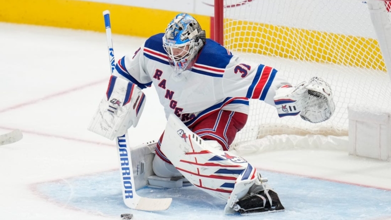 Oct 29, 2022; Dallas, Texas, USA;  New York Rangers goaltender Igor Shesterkin (31) makes a save against the Dallas Stars during the third period at American Airlines Center. Mandatory Credit: Chris Jones-USA TODAY Sports