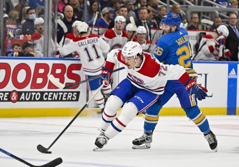Oct 29, 2022; St. Louis, Missouri, USA;  Montreal Canadiens defenseman Arber Xhekaj (72) controls the puck against the St. Louis Blues during the first period at Enterprise Center. Mandatory Credit: Jeff Curry-USA TODAY Sports