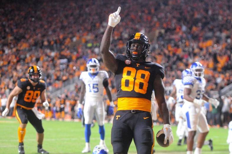 Tennessee tight end Princeton Fant (88) celebrates after scoring a touchdown during the NCAA college football game against Kentucky on Saturday, October 29, 2022 in Knoxville, Tenn.

Utvkentucky1029