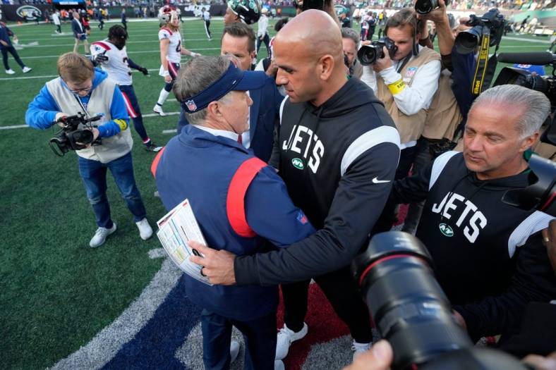 Patriots Head Coach Bill Belichick and Jets Head Coach Robert Saleh, share a hug after New England won, 22-17. Sunday, October 30, 2022

Jets Host Patriots