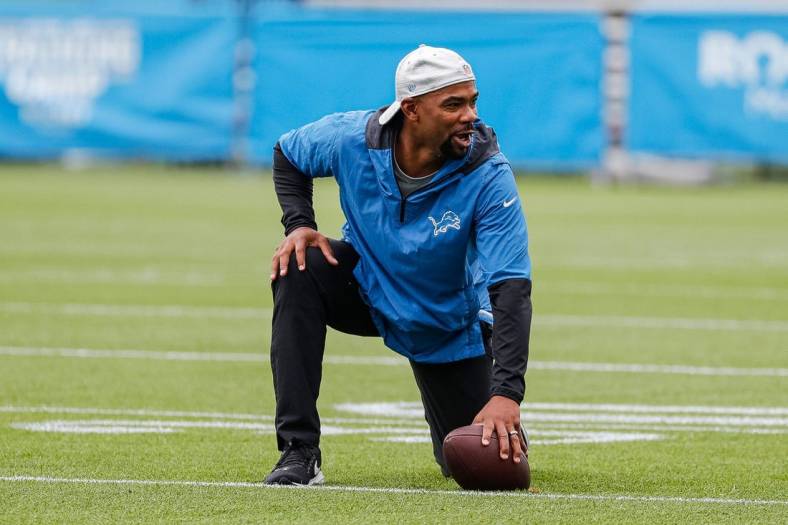 Lions defensive backs coach and pass game coordinator Aubrey Pleasant watches practice during the first day of training camp July 27, 2022 in Allen Park.