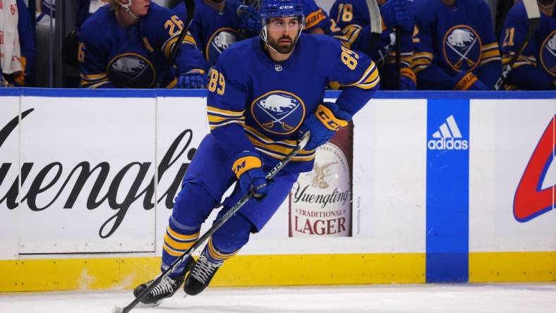 Oct 31, 2022; Buffalo, New York, USA; Buffalo Sabres right wing Alex Tuch (89) looks to make a pass during the first period against the Detroit Red Wings at KeyBank Center. Mandatory Credit: Timothy T. Ludwig-USA TODAY Sports