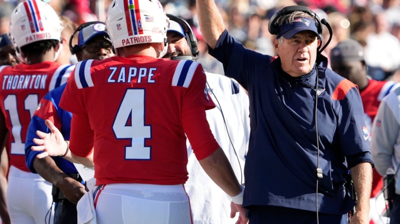 bailey zappe and bill belichick during game against the browns