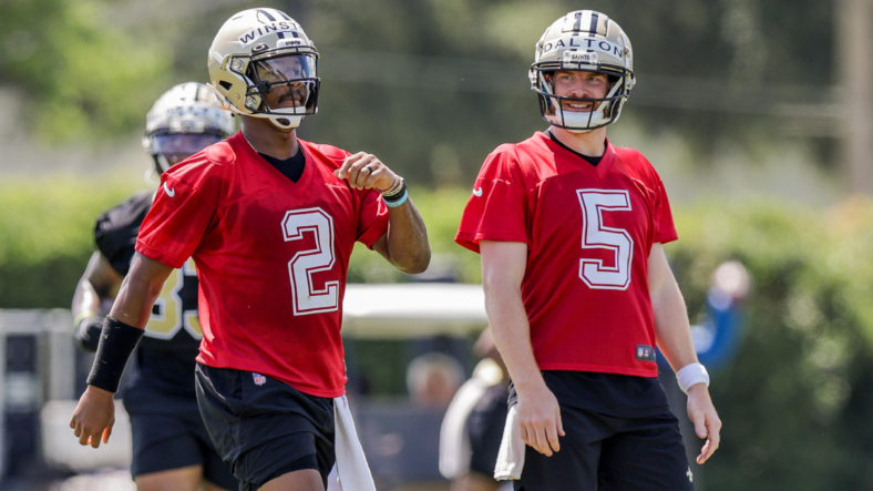 new orleans saints qbs jameis winston and andy dalton during otas