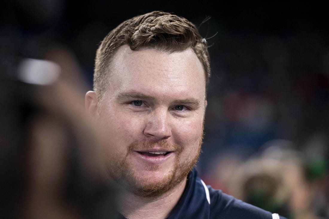 Jan 19, 2019; St. Petersburg, FL, USA; West head coach Adam Zimmer of the Minnesota Vikings being interviewed after the game against the East at Tropicana Field. Mandatory Credit: Douglas DeFelice-USA TODAY Sports