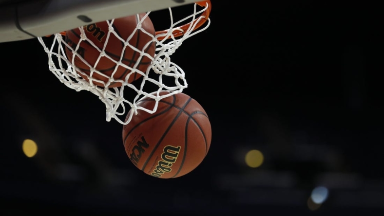 Mar 21, 2019; Columbus, OH, USA; General view of March Madness basketballs during practice before the first round of the 2019 NCAA Tournament at Nationwide Arena. Mandatory Credit: Rick Osentoski-USA TODAY Sports