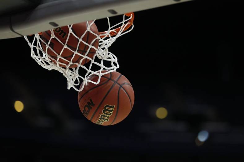 Mar 21, 2019; Columbus, OH, USA; General view of March Madness basketballs during practice before the first round of the 2019 NCAA Tournament at Nationwide Arena. Mandatory Credit: Rick Osentoski-USA TODAY Sports
