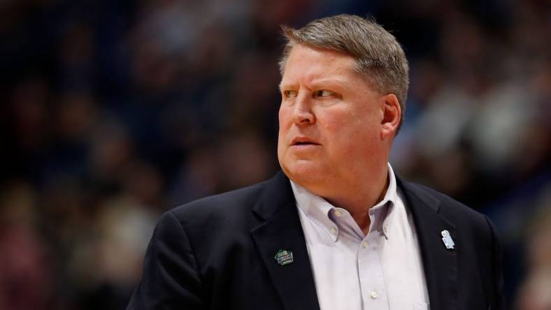 Mar 21, 2019; Hartford, CT, USA; Old Dominion Monarchs head coach Jeff Jones watches a play against the Purdue Boilermakers during the first half of a game in the first round of the 2019 NCAA Tournament at XL Center. Mandatory Credit: David Butler II-USA TODAY Sports