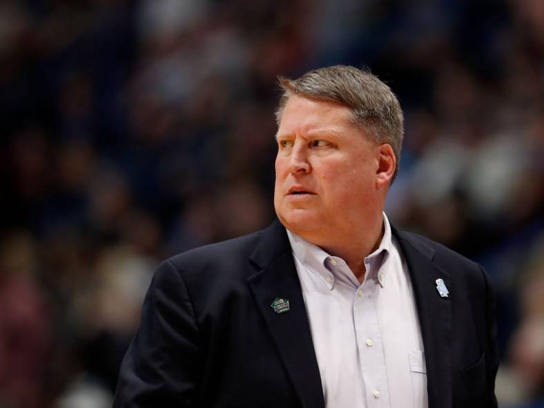 Mar 21, 2019; Hartford, CT, USA; Old Dominion Monarchs head coach Jeff Jones watches a play against the Purdue Boilermakers during the first half of a game in the first round of the 2019 NCAA Tournament at XL Center. Mandatory Credit: David Butler II-USA TODAY Sports