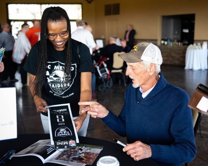 Hall of fame punter Ray Guy talks about the good old days with Niqui Hayden, Executive Director of the DC Metro Raiders during the 54th Annual York Area Sports Night, April 4, 2019 at the Heritage Hills Golf and Conference Center.

Ydr Cc 4 4 19 Sports Night