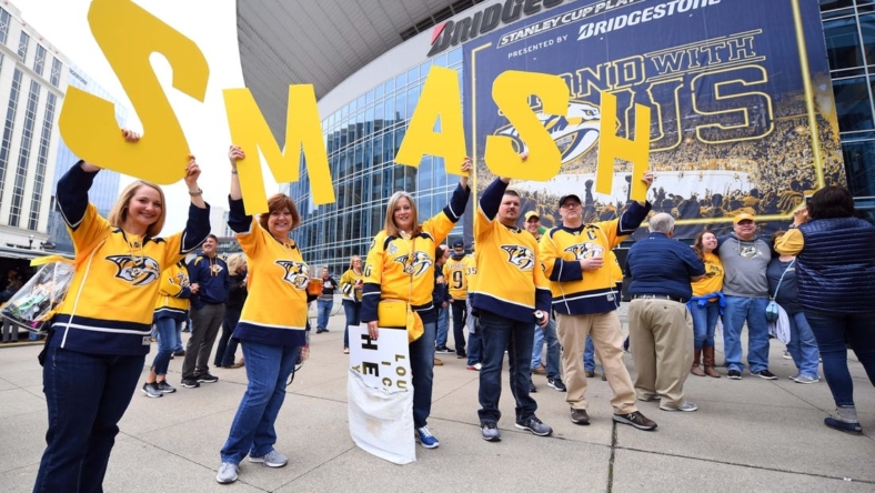 Apr 13, 2019; Nashville, TN, USA; General view as fans hold signs outside Bridgestone Arena before the Nashville Predators game against the Dallas Stars in game two of the first round of the 2019 Stanley Cup Playoffs at Bridgestone Arena. Mandatory Credit: Christopher Hanewinckel-USA TODAY Sports