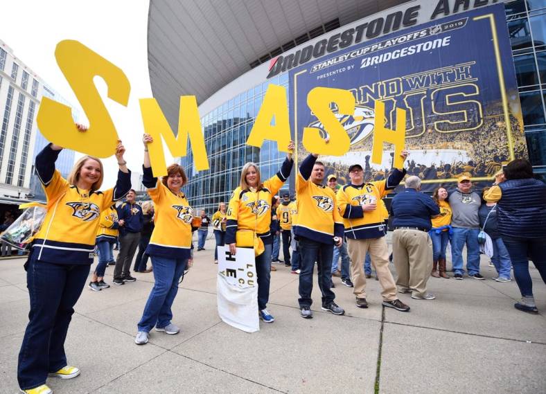 Apr 13, 2019; Nashville, TN, USA; General view as fans hold signs outside Bridgestone Arena before the Nashville Predators game against the Dallas Stars in game two of the first round of the 2019 Stanley Cup Playoffs at Bridgestone Arena. Mandatory Credit: Christopher Hanewinckel-USA TODAY Sports