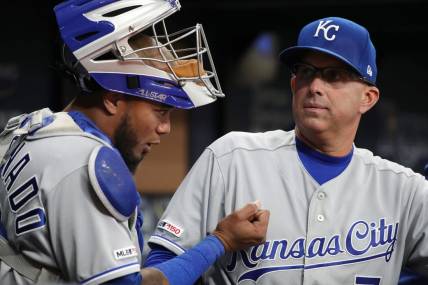 (File photo) Kansas City Royals catching coach Pedro Grifol (7) talks with catcher Martin Maldonado (16) at Tropicana Field. Mandatory Credit: Kim Klement-USA TODAY Sports