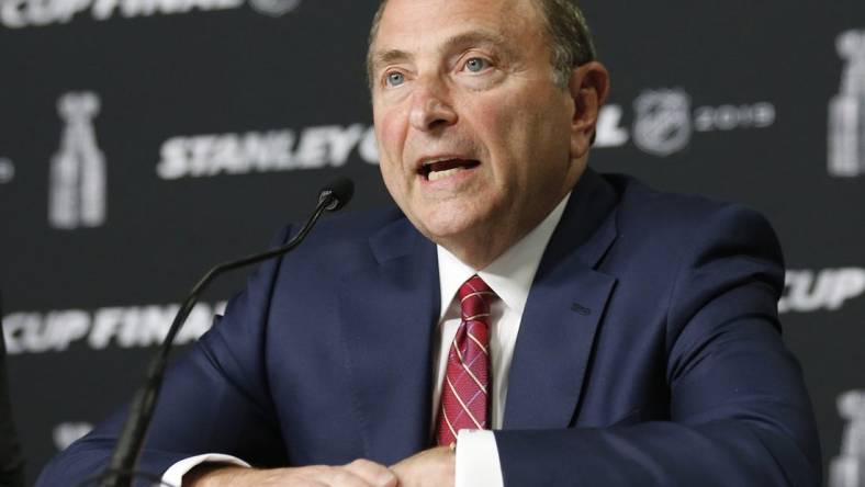 May 27, 2019; Boston, MA, USA; NHL commissioner Gary Bettman speaks at a press conference before game one of the 2019 Stanley Cup Final between the Boston Bruins and the St. Louis Blues at TD Garden. Mandatory Credit: Winslow Townson-USA TODAY Sports