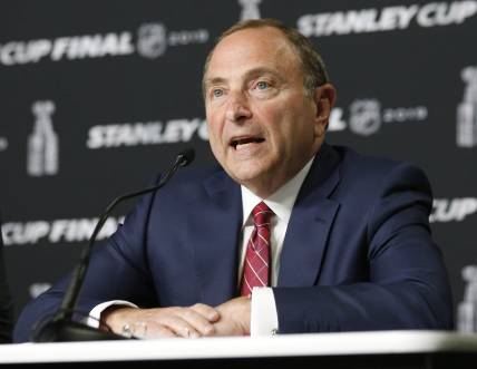 May 27, 2019; Boston, MA, USA; NHL commissioner Gary Bettman speaks at a press conference before game one of the 2019 Stanley Cup Final between the Boston Bruins and the St. Louis Blues at TD Garden. Mandatory Credit: Winslow Townson-USA TODAY Sports