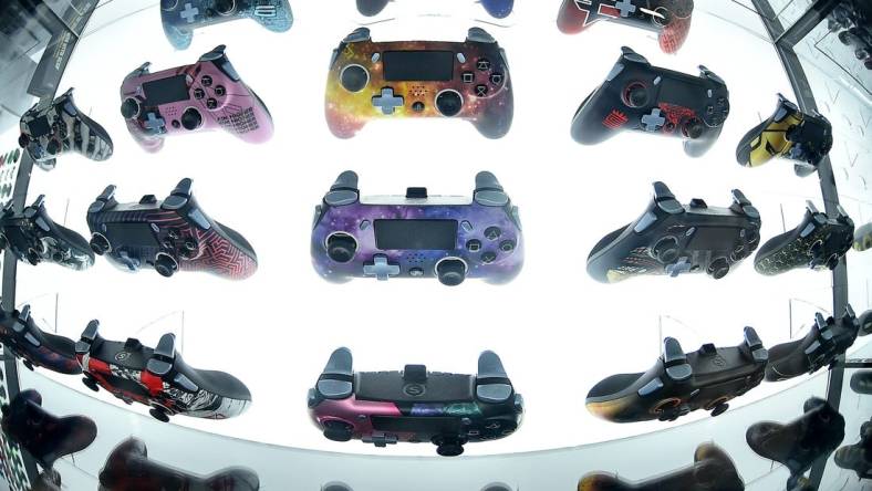 Jul 21, 2019; Miami Beach, FL, USA; A general view of gaming controllers on display during the Call of Duty League Finals e-sports event at Miami Beach Convention Center. Mandatory Credit: Jasen Vinlove-USA TODAY Sports