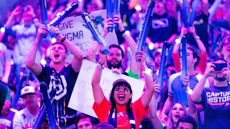 Sep 29, 2019; Philadelphia, PA, USA; Fans react during the Overwatch League Grand Finals e-sports event between the Vancouver Titans and San Francisco Shock at Wells Fargo Center. Mandatory Credit: Bill Streicher-USA TODAY Sports