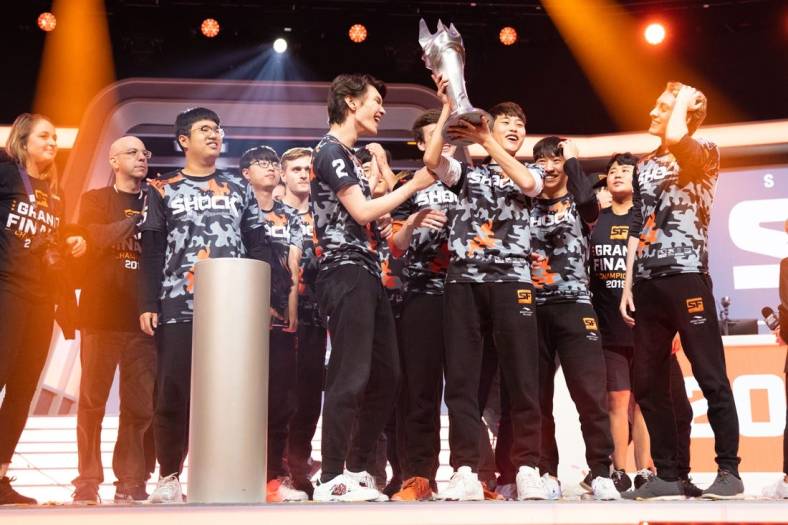 Sep 29, 2019; Philadelphia, PA, USA; The San Francisco Shock celebrate their victory in the 2019 Overwatch League Grand Finals e-sports championship against the Vancouver Titans at Wells Fargo Center. Mandatory Credit: Bill Streicher-USA TODAY Sports