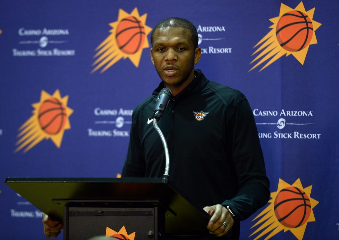 Sep 30, 2019; Phoenix, AZ, USA; Phoenix Suns general manager James Jones answers questions during Media Day at Talking Stick Resort Arena. Mandatory Credit: Joe Camporeale-USA TODAY Sports