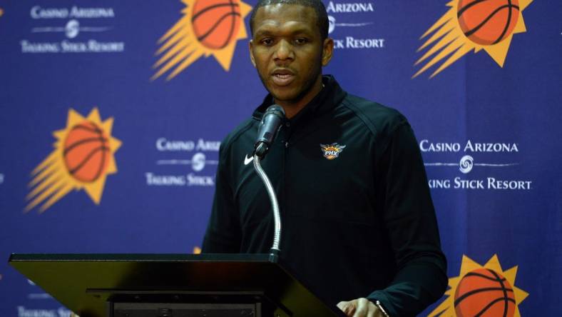 Sep 30, 2019; Phoenix, AZ, USA; Phoenix Suns general manager James Jones answers questions during Media Day at Talking Stick Resort Arena. Mandatory Credit: Joe Camporeale-USA TODAY Sports