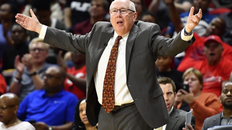 Oct 1, 2019; Washington, DC, USA; Washington Mystics head coach Mike Thibault reacts against the Connecticut Sun during the second quarter in game two of the 2019 WNBA Finals at The Entertainment and Sports Arena. Mandatory Credit: Brad Mills-USA TODAY Sports