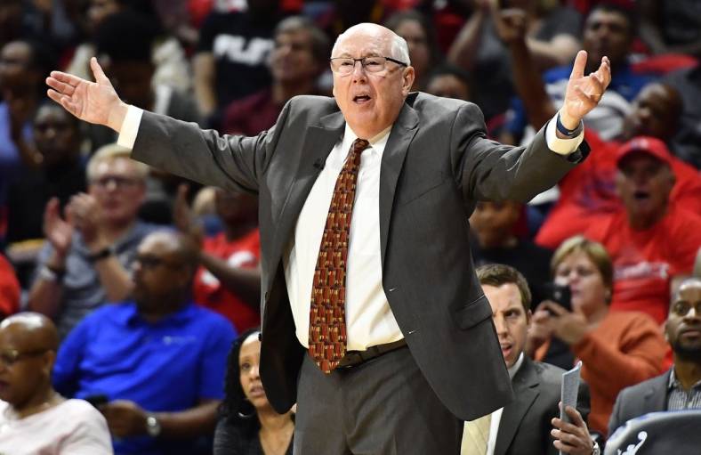 Oct 1, 2019; Washington, DC, USA; Washington Mystics head coach Mike Thibault reacts against the Connecticut Sun during the second quarter in game two of the 2019 WNBA Finals at The Entertainment and Sports Arena. Mandatory Credit: Brad Mills-USA TODAY Sports