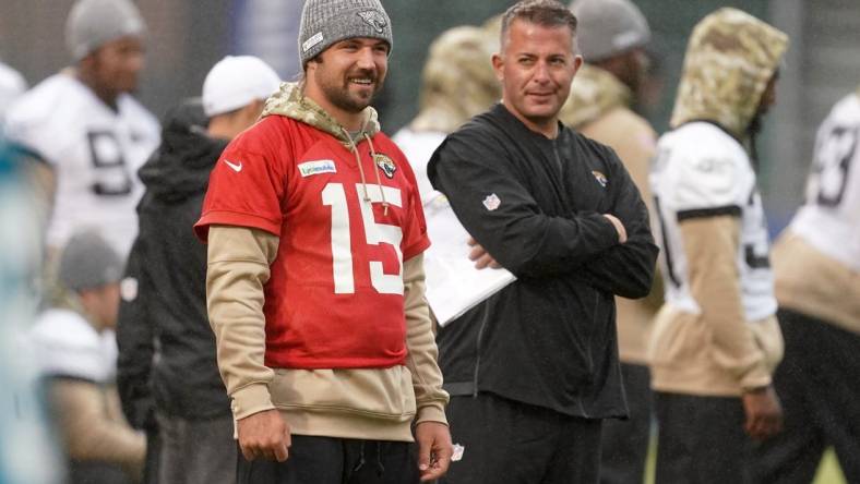 Nov 1, 2019; London, United Kingdom; Jacksonville Jaguars quarterback Gardner Minshew (15) and offensive coordinatorr John DeFilippo during practice at Allianz Park. Mandatory Credit: Kirby Lee-USA TODAY Sports