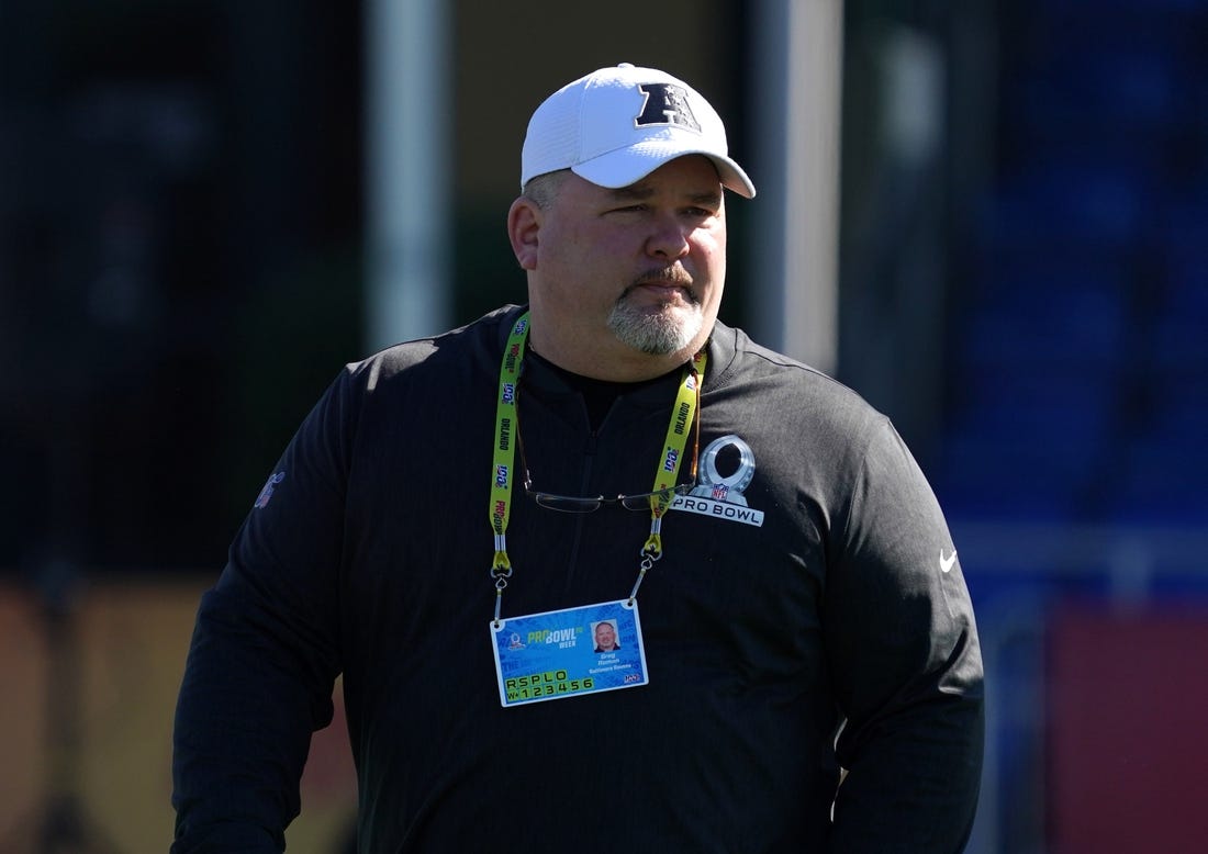 Jan 22, 2020; Kissimmiee, Florida, USA; Baltimore Ravens offensive coordinator Greg Roman during AFC practice at ESPN Wide World of Sports. Mandatory Credit: Kirby Lee-USA TODAY Sports