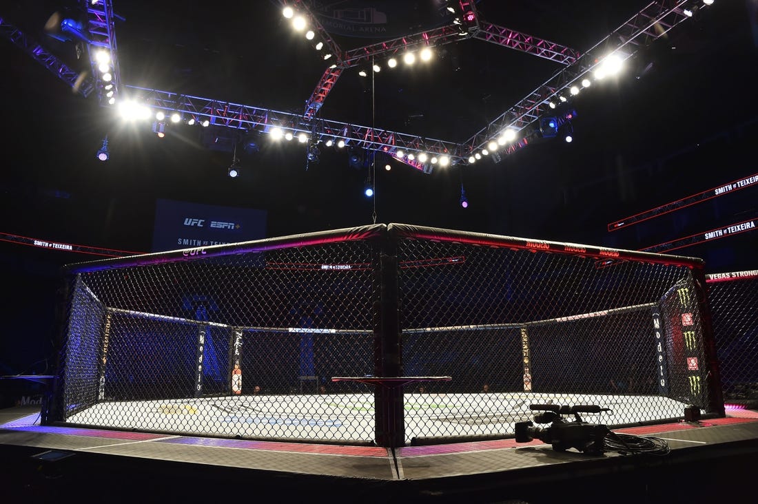 May 13, 2020; Jacksonville, Florida, USA; General view of the empty octagon before UFC Fight Night at VyStar Veterans Memorial Arena. Mandatory Credit: Jasen Vinlove-USA TODAY Sports