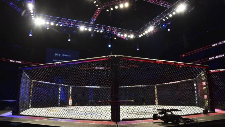 May 13, 2020; Jacksonville, Florida, USA; General view of the empty octagon before UFC Fight Night at VyStar Veterans Memorial Arena. Mandatory Credit: Jasen Vinlove-USA TODAY Sports