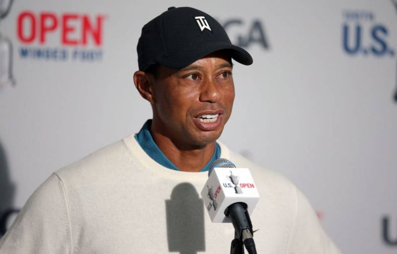 Sep 18, 2020; Mamaroneck, New York, USA; Tiger Woods talks to reporters following his second round of the U.S. Open golf tournament at Winged Foot Golf Club - West. Mandatory Credit: Brad Penner-USA TODAY Sports