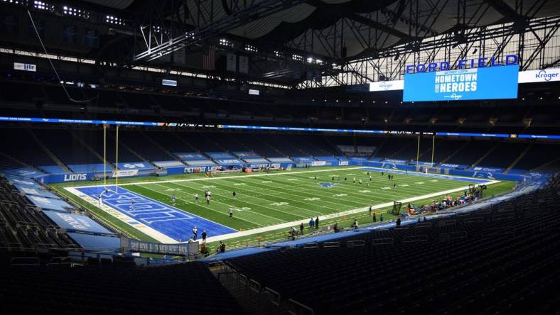 Oct 4, 2020; Detroit, Michigan, USA; A general view of Ford Field before then game between the Detroit Lions and the New Orleans Saints. Mandatory Credit: Tim Fuller-USA TODAY Sports