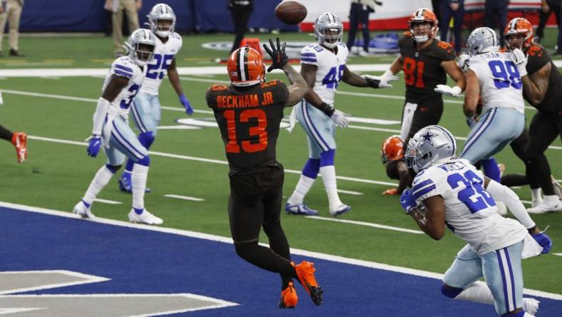 (File photo) Free agent wide receiver Odell Beckham Jr. (13) grabs a touchdown pass against Dallas Cowboys cornerback Daryl Worley (28) in the second quarter at AT&T Stadium. Mandatory Credit: Tim Heitman-USA TODAY Sports