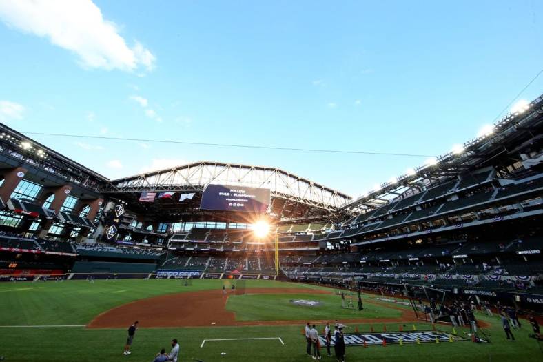 Oct 20, 2020; Arlington, Texas, USA; A general view prior to game one of the 2020 World Series between the Tampa Bay Rays and the Los Angeles Dodgers at Globe Life Field. Mandatory Credit: Kevin Jairaj-USA TODAY Sports