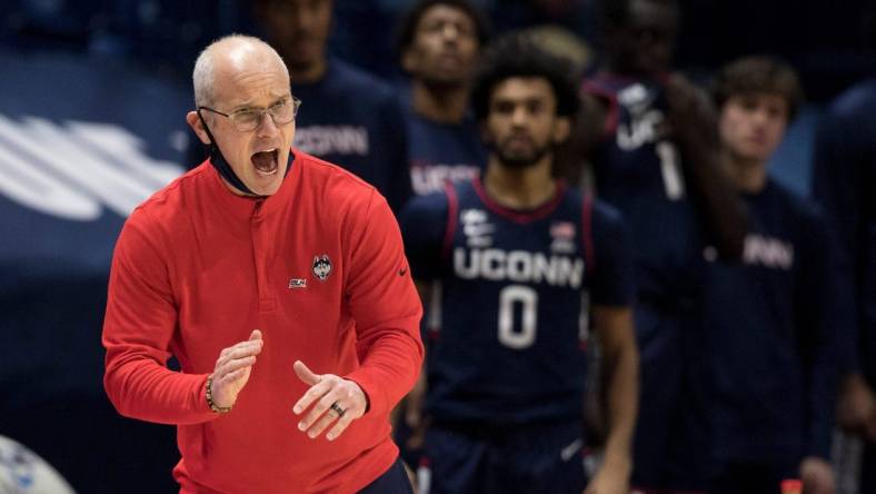 Connecticut Huskies head coach Dan Hurley yells for a stop in the second half of the NCAA men's basketball game between the Xavier Musketeers and the Connecticut Huskies on Saturday, Feb. 13, 2021, in Cincinnati.

Connecticut At Xavier