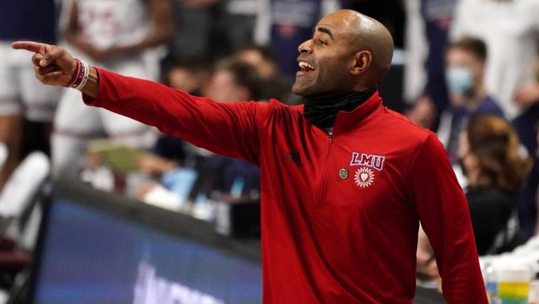 Mar 6, 2021; Las Vegas, NV, USA; Loyola Marymount Lions head coach Stan Johnson reacts in the second half against the St. Mary's Gaels at Orleans Arena. St. Mary's won 52-47. Mandatory Credit: Kirby Lee-USA TODAY Sports