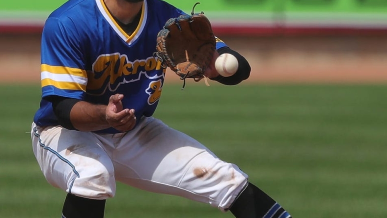Akron second baseman Jose Fermin (1) fields a ball in the fifth inning at Canal Park on May 23, 2021, in Akron, Ohio.