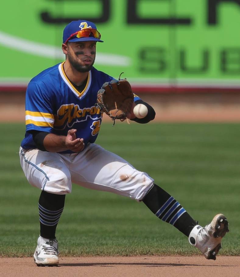 Akron second baseman Jose Fermin (1) fields a ball in the fifth inning at Canal Park on May 23, 2021, in Akron, Ohio.