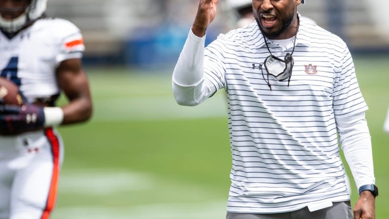 Auburn running backs coach Cadillac Williams during warm-ups before the A-Day spring game at Jordan-Hare Stadium in Auburn, Ala., on Saturday, April 17, 2021.