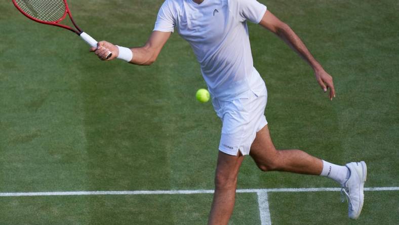 Jul 3, 2021; London, United Kingdom;  
Marin Cilic (CRO) plays Daniil Medvedev (RUS)  on No 1 court in the men   s third round at All England Lawn Tennis and Croquet Club. Mandatory Credit: Peter van den Berg-USA TODAY Sports