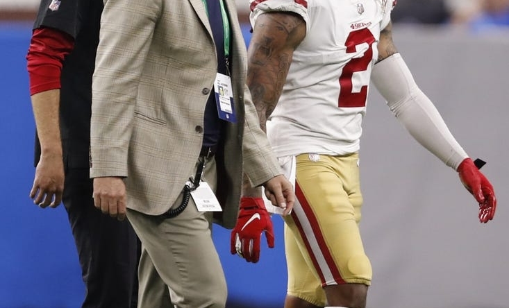 Sep 12, 2021; Detroit, Michigan, USA; San Francisco 49ers defensive back Jason Verrett (2) walks off the field with an injury during the fourth quarter against the Detroit Lions at Ford Field. Mandatory Credit: Raj Mehta-USA TODAY Sports